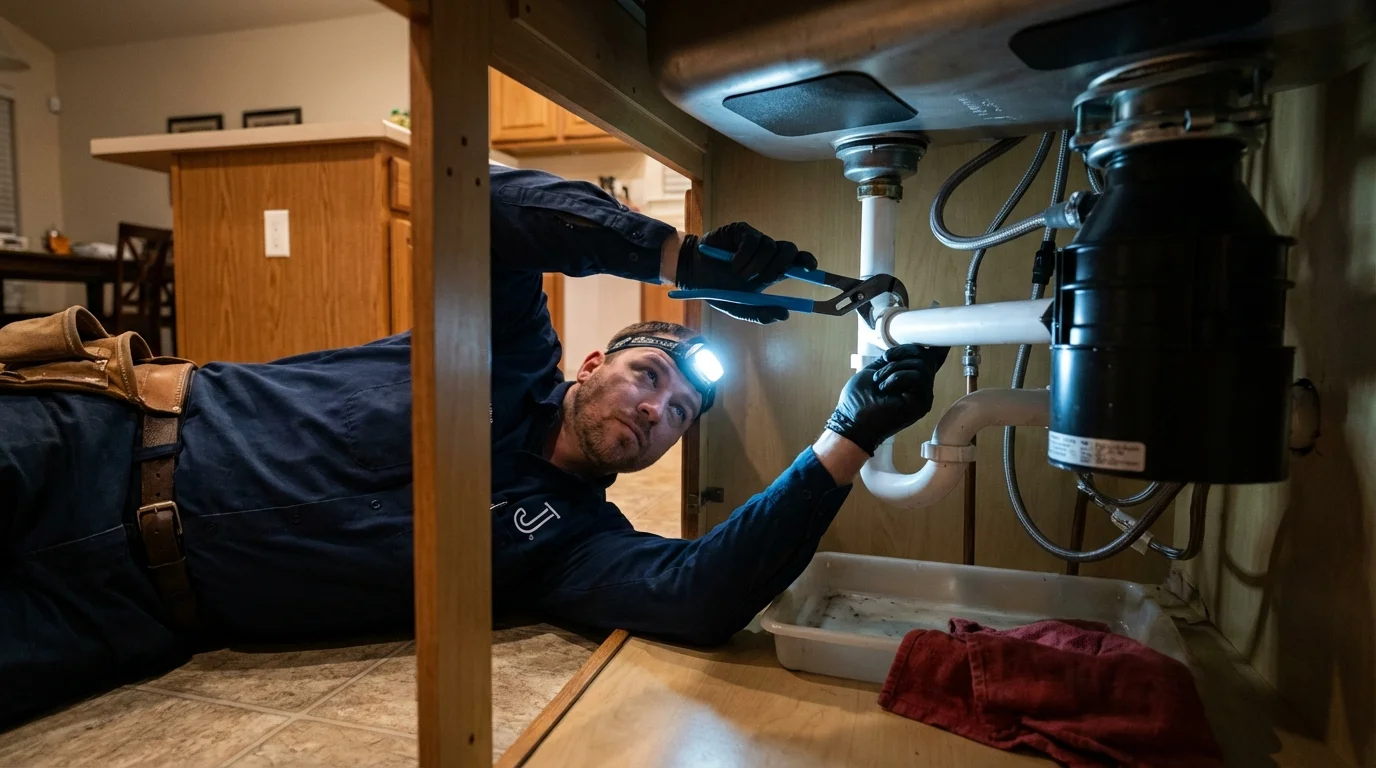 P-trap and supply line connections under a kitchen sink showing a common leak point in Somerset, KY
